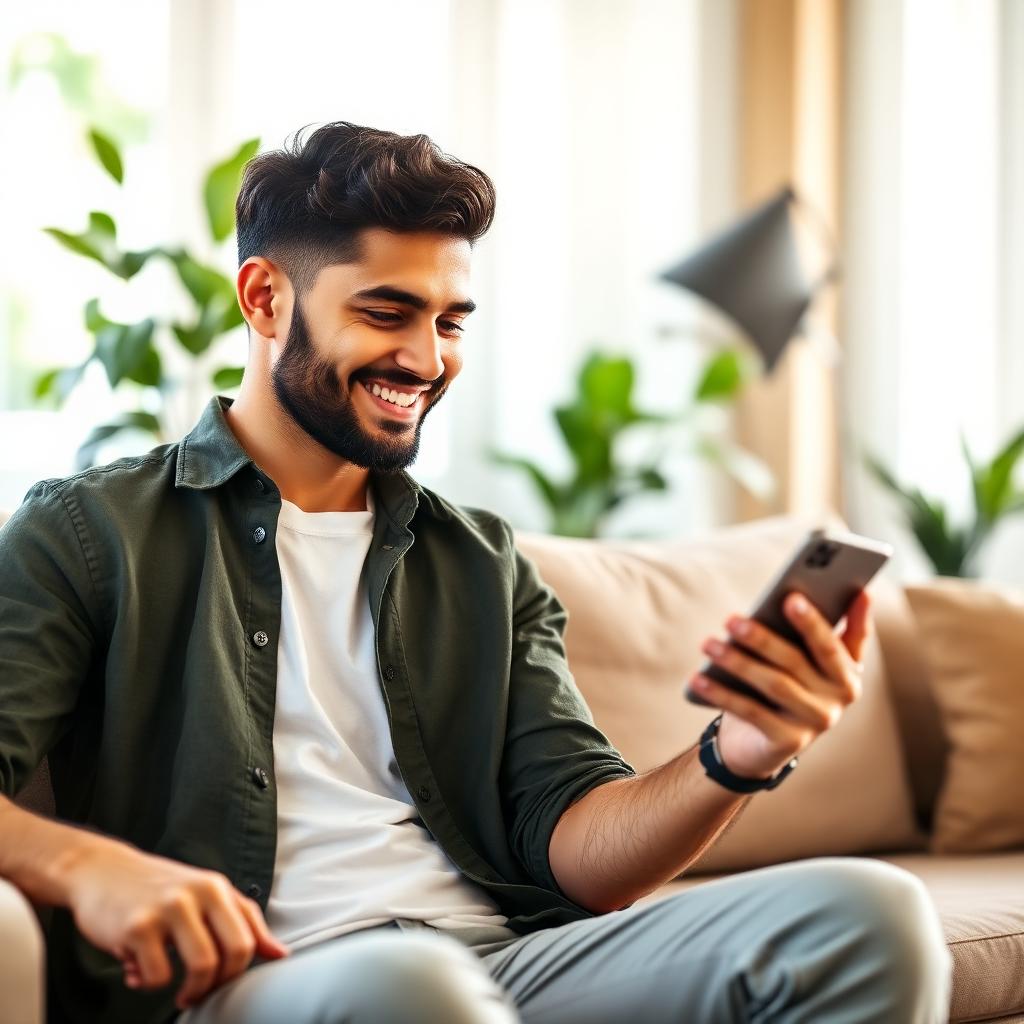 Vendedor sorrindo usando o celular